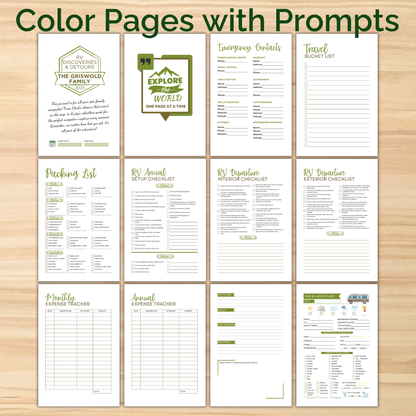 RV travel journal interior pages with color prompts including emergency contacts, packing list, travel bucket list, expense trackers, checklists, and trip log, organized camping planner for RV owners.