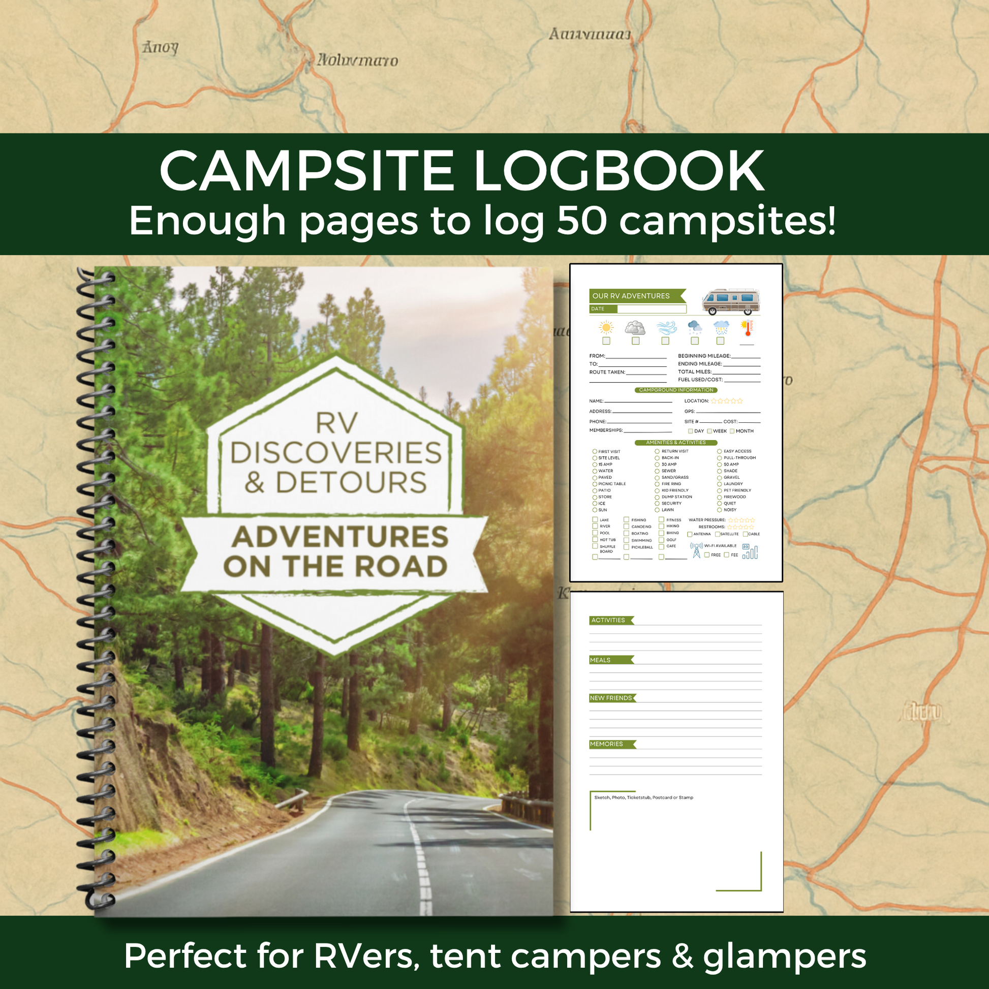 RV travel journal and camping logbook to track road trips, campsites, and memories. This RV life trip planner and adventure log makes a thoughtful gift for couples, retirees, and campers. A unique travel memory book and camping gift idea for RV enthusiasts.