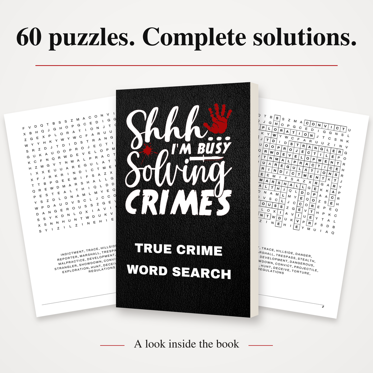 True Crime Word Search paperback between an unsolved puzzle page and its matching solution, with the heading “60 puzzles. Complete solutions.”