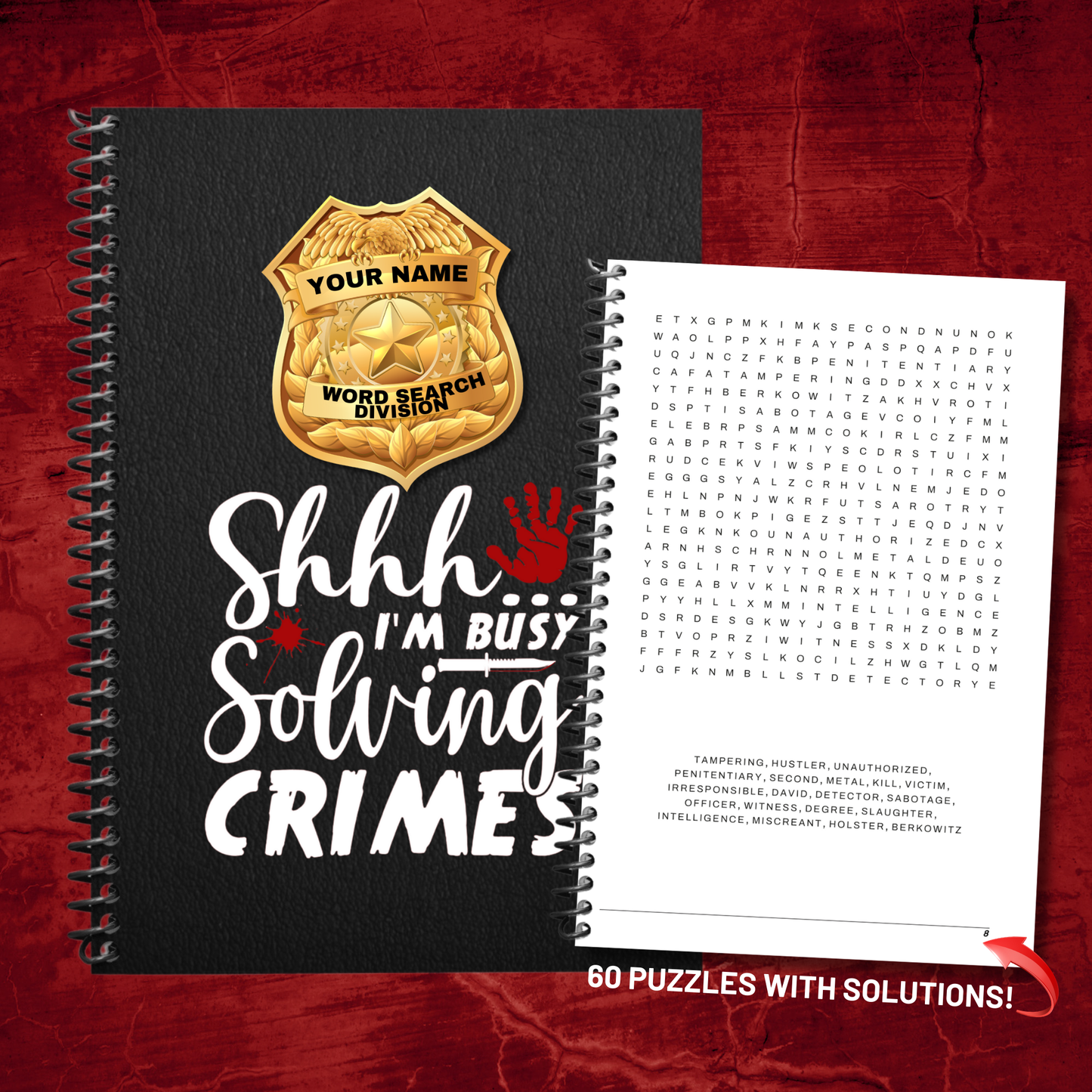 "True Crime Word Search Puzzle Book with spiral binding and a sample puzzle page, featuring a customizable detective badge cover."