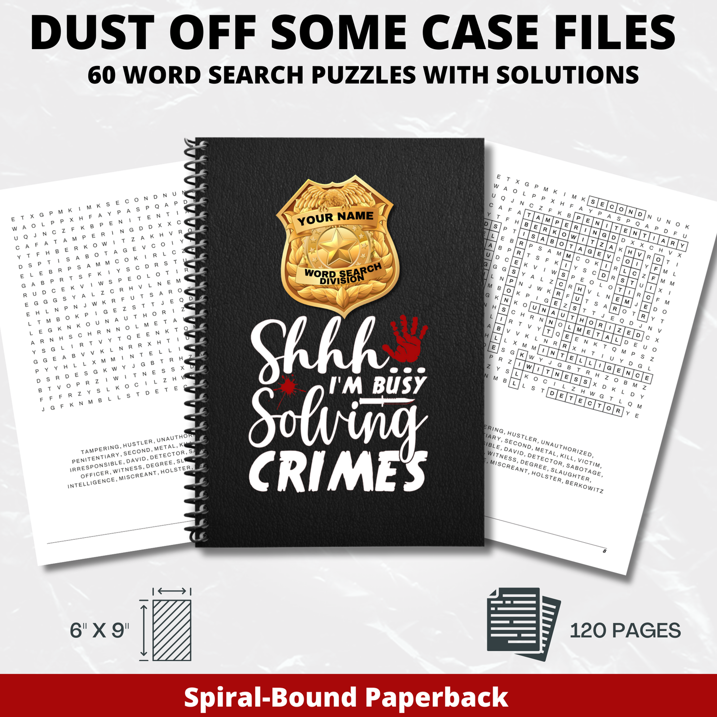 "True Crime Word Search Puzzle Book with 60 puzzles and solutions, featuring a sample puzzle page and the book cover."