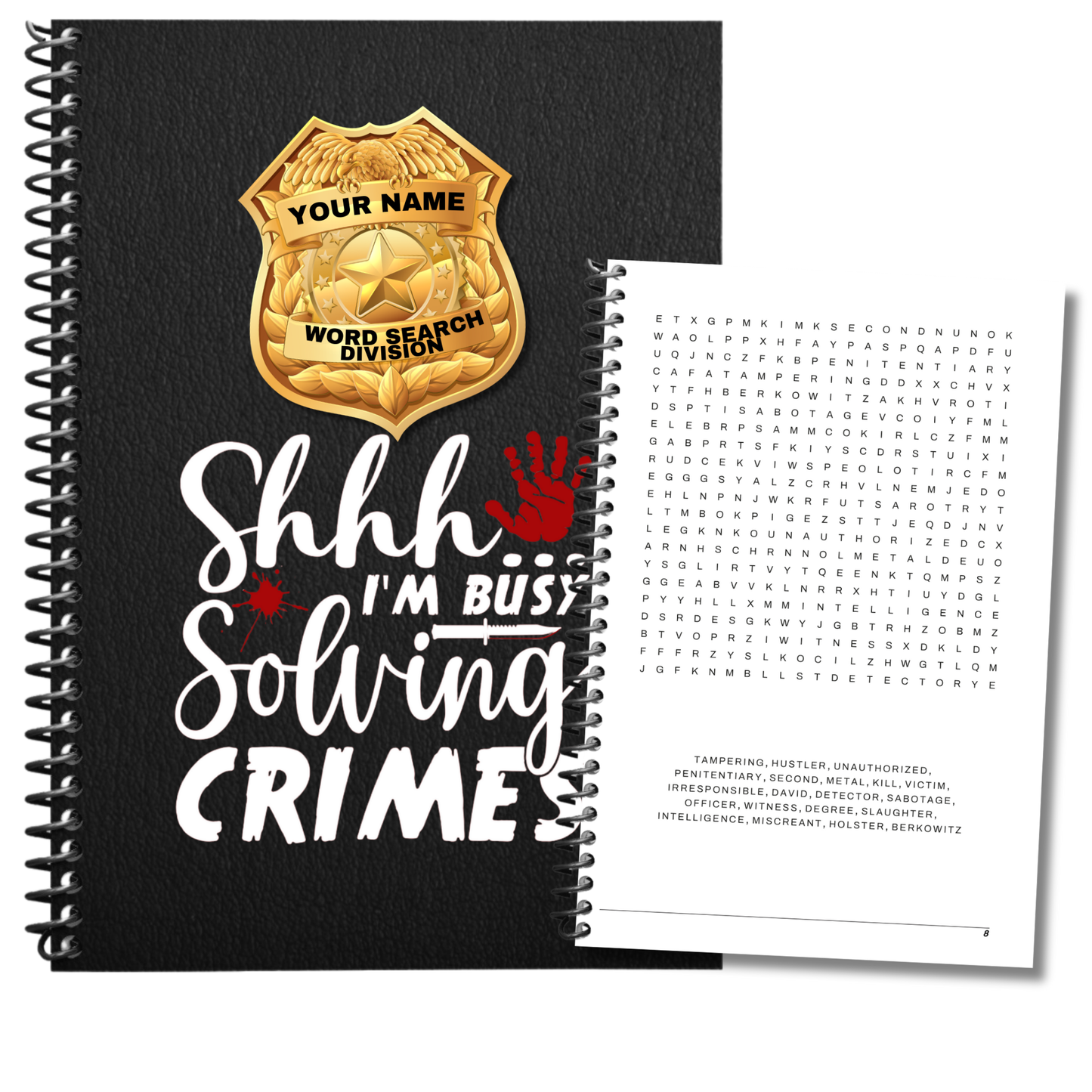  "Customizable True Crime Word Search Puzzle Book Cover featuring a detective badge with the text 'Shhh I'm Busy Solving Crimes'."