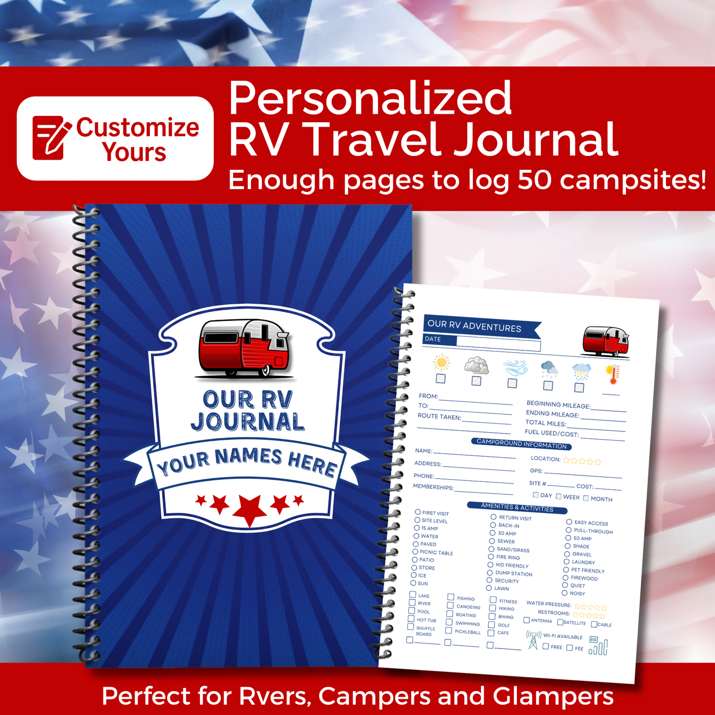 This RV travel journal and personalized road trip log book is perfect for RVers, campers, and motorhome owners who want to capture every adventure. Featuring detailed RV trip planner pages, campground logs, packing lists, checklists, and campsite trackers, this unique RV journal makes an ideal gift for couples, retirees, and anyone living the full-time RV lifestyle. Keep your memories organized and preserved in this custom RV log book designed for unforgettable road trips across the USA.