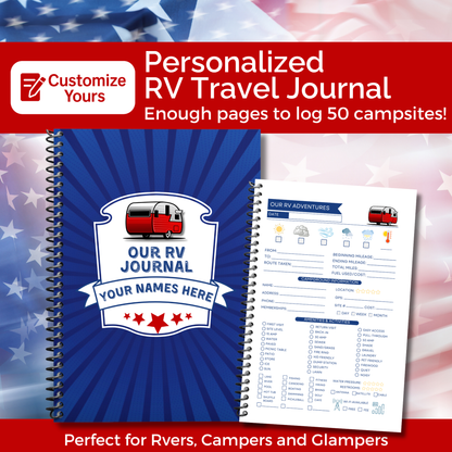 This RV travel journal and personalized road trip log book is perfect for RVers, campers, and motorhome owners who want to capture every adventure. Featuring detailed RV trip planner pages, campground logs, packing lists, checklists, and campsite trackers, this unique RV journal makes an ideal gift for couples, retirees, and anyone living the full-time RV lifestyle. Keep your memories organized and preserved in this custom RV log book designed for unforgettable road trips across the USA.