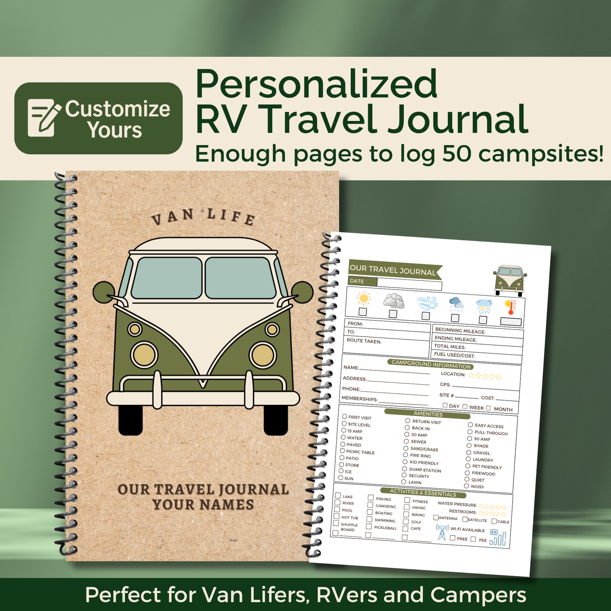 Personalized Van Life RV travel journal and custom camping logbook to track road trips, campsites, and memories. This RV life trip planner and adventure log makes a thoughtful gift for couples, retirees, and campers. A unique travel memory book and camping gift idea for Vanlife RV enthusiasts.