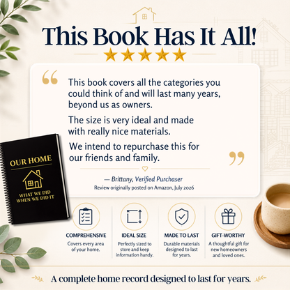 Five-star verified customer review praising the Home Maintenance Journal as comprehensive, durable, ideally sized, and gift-worthy for new homeowners.