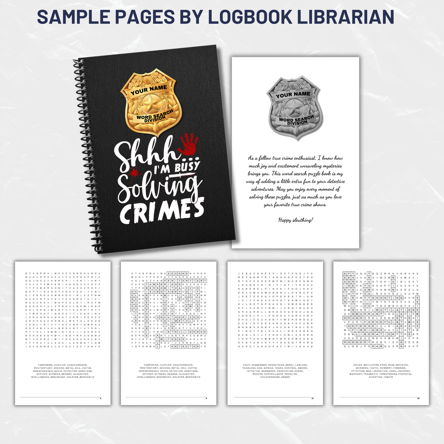 "True Crime Word Search Puzzle Book with spiral binding and a sample puzzle page, featuring a customizable detective badge cover."