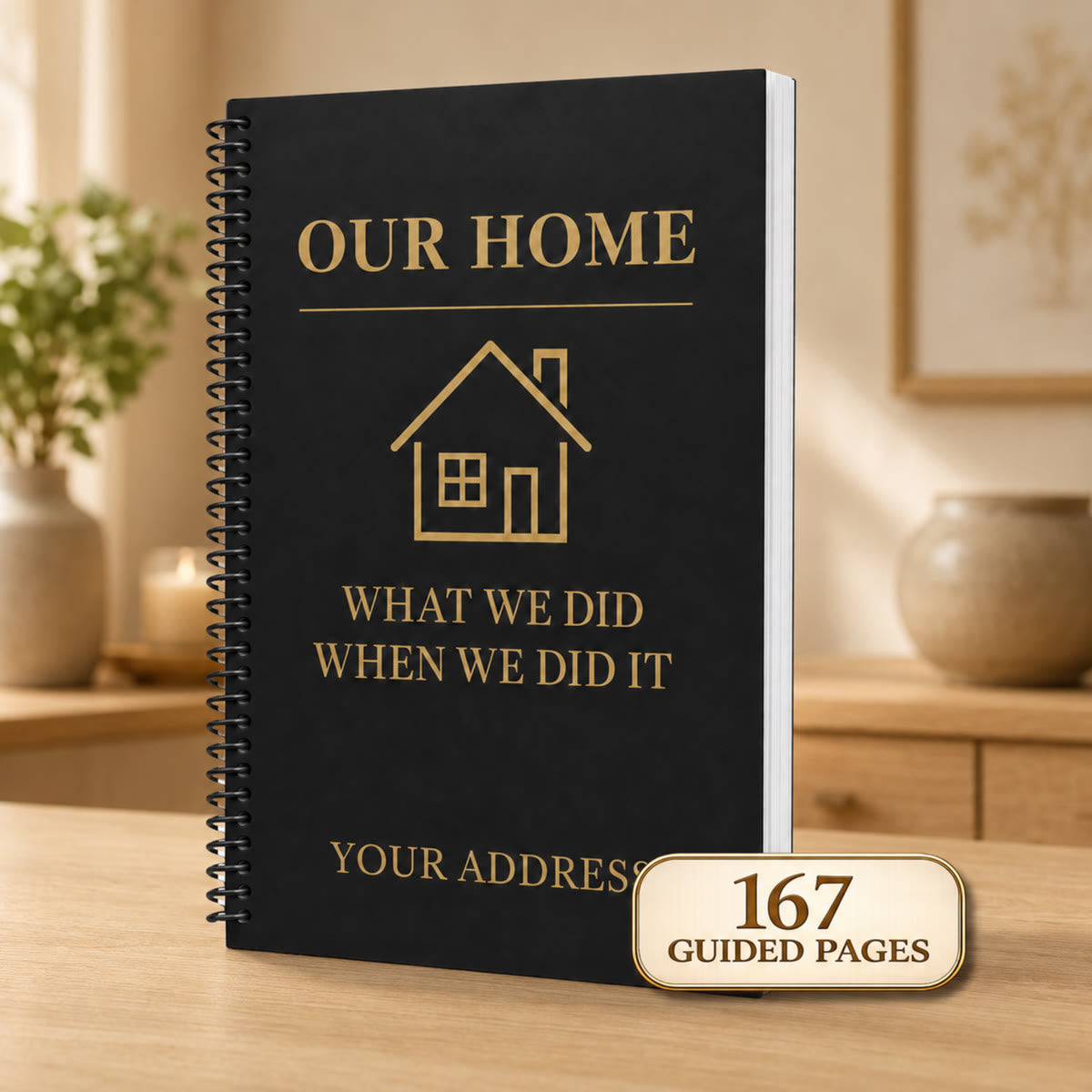 Personalized home maintenance logbook with black coil binding