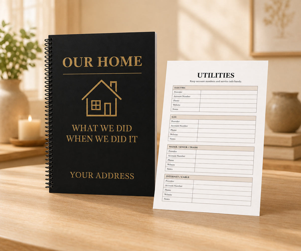 Home Maintenance Logbook beside a guided interior sample page