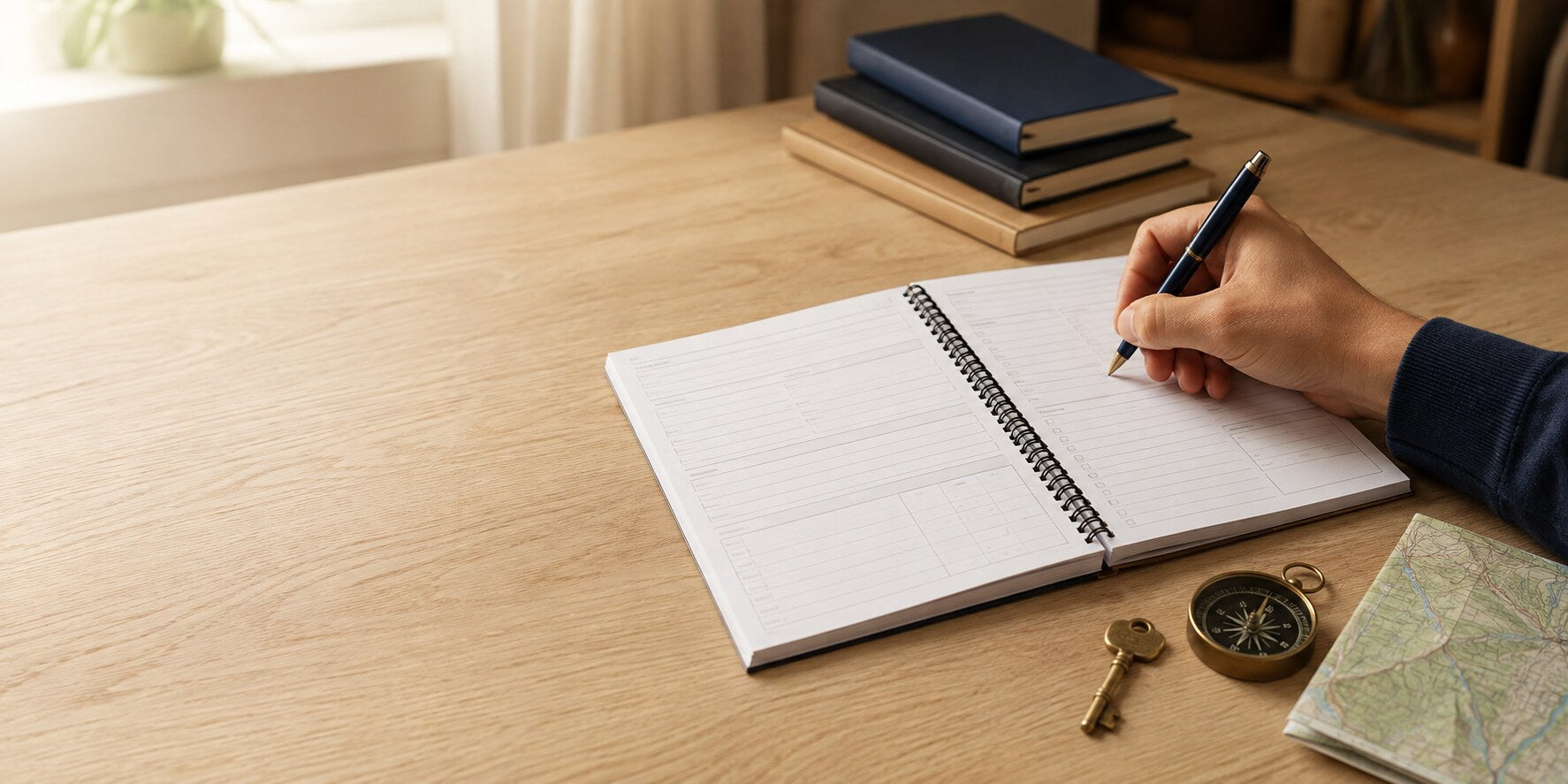 A person writing in an open guided logbook with a continuous black coil binding